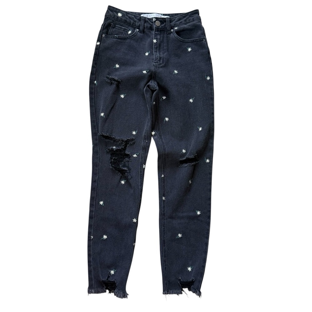 Tinseltown Black Denim with Embroidered Flowers